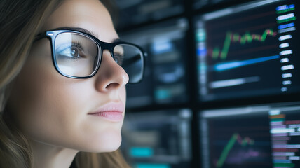 Poster - a young woman wearing glasses is focused on computer screens.