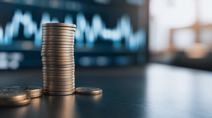 Poster - a stack of coins on a desk with a stock market chart in the background.