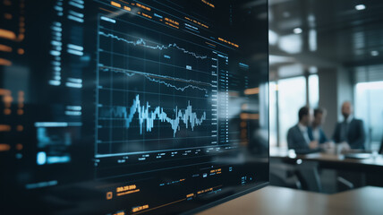 Poster - stock market data displayed on a large screen in a modern office setting.