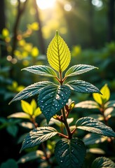 Wall Mural - Sun-dappled leaves with morning dew, lush forest background, photorealistic, nature, 4K, renewal, freshness, vaporwave aesthetics, copy space