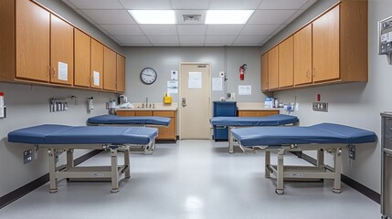 Poster - Pediatric clinic adjustable beds diagnostic instruments like thermometers syringes and neatly organized cabinets with labeled medicine bottles