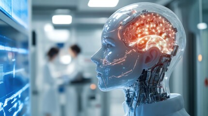 Aufkleber - Transparent Robot Head Displays Illuminated Brain Circuits