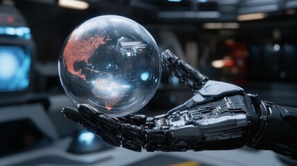 Poster - Robotic Hand Gently Holding A Digital Earth Globe
