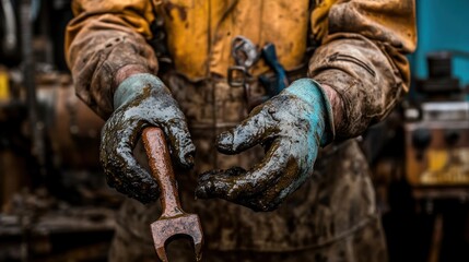 Poster - Oil Stained Hands Holding Rusty Wrench