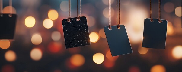 Poster - Blank hanging price tags with string on blurred background