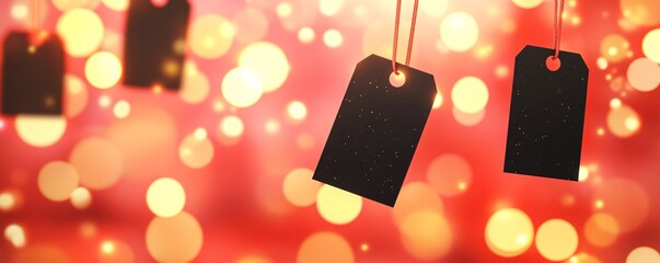 Poster - Two black friday gift tags hanging on red background with bokeh