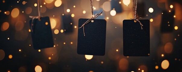 Poster - Black friday concept with hanging black tags and bokeh lights background