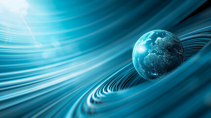 Leinwandbilder - A serene blue landscape featuring a glowing globe, set against flowing lines that suggest movement and a cosmic theme.