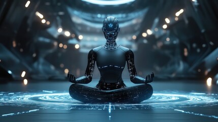 Poster - A meditating android robot in a futuristic setting
