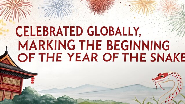 Chinese New Year message colorful letter with  red water color Celebrated globally, marking the beginning of the Year of the Snake , fire work with white background jpg 