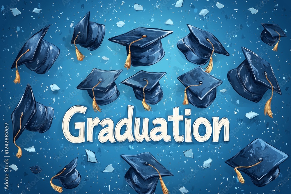 Graduation celebration background with falling graduation caps and ...