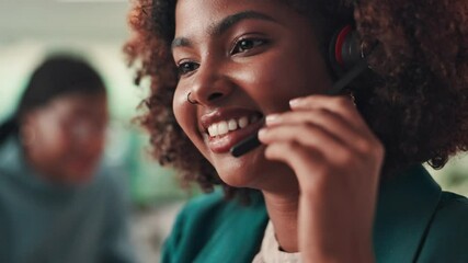 Poster - Talking, virtual assistant and woman with headset in office for administrative support with crm. Communication, audio tech and female business coordinator with online customer service in workplace