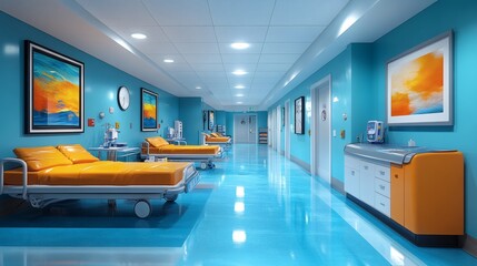 Poster - Pediatric emergency room childsized medical beds treatment instruments oxygen tanks and brightly labeled medicine cabinets filled with syringes and vials