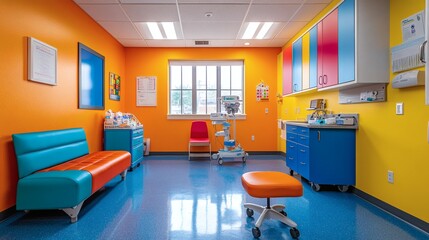 Fototapete - Pediatric exam room a bright colorful design featuring diagnostic tools treatment instruments like nebulizers and a medicine cabinet stocked with pediatric essentials