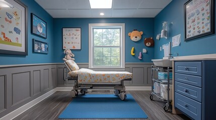 Poster - Pediatric exam room a cozy animalthemed exam bed neatly organized medical tools on a cart and calming blue walls adorned with whimsical artwork