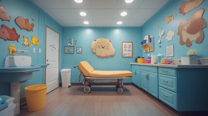Poster - Pediatric exam room a cozy animalthemed exam bed neatly organized medical tools on a cart and calming blue walls adorned with whimsical artwork