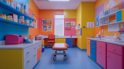 Poster - Pediatric exam room brightly colored walls treatment tools and medicine shelves creating a welcoming environment for children