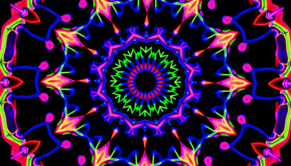 Poster - Colorful fluorescent mandala pattern on black background, artistic design
