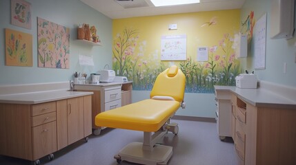 Poster - Pediatric exam table a bright cheerful cover surrounded by soft lighting and neatly organized medical tools in a room filled with calming naturethemed artwork