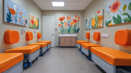 Poster - Pediatric exam table bright cheerful covers and soft lighting surrounded by neatly arranged medical tools and playful natureinspired wall art