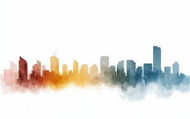 Poster - Abstract skyline watercolor illustration showcasing colorful buildings with gentle transitions of hues and soft edges