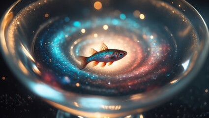 Poster - fish swimming in a cosmic galaxy captured in a crystal bowl with swirling colors and lights