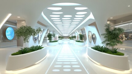 Poster - Modern Futuristic White Corridor With Plants