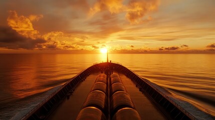 Aufkleber - Cargo Ship Sailing into a Golden Sunset Ocean