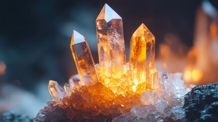 Poster - Luminous Citrine Quartz Crystals Glowing In Darkness
