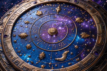 gold and blue astrological circle with stars and numbers on it