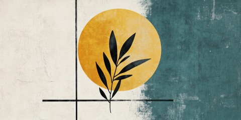 Poster - Modern banner design featuring abstract shapes and a plant silhouette in yellow and teal colors