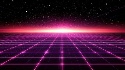 Poster - Retro Futuristic Grid Landscape with Starry Night Sky