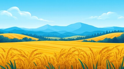 Canvas Print - Golden Wheat Field Under Blue Sky and Mountains