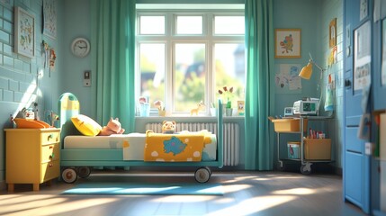 Poster - Pediatric hospital room soft lighting a small bed with playful animalthemed bedding and neatly arranged medical instruments on a cart beside a window