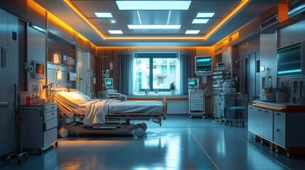 Poster - Pediatric ICU room ventilators oxygen tanks IV drips and a range of specialized pediatric treatment instruments and medicines in sterile cabinets