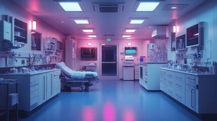 Poster - Pediatric ICU room ventilators oxygen tanks IV drips and a range of specialized pediatric treatment instruments and medicines in sterile cabinets