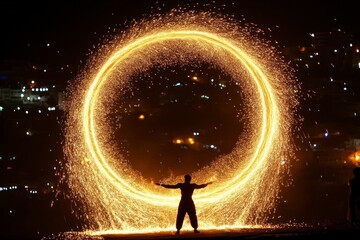Aufkleber - Individual creates mesmerizing fire circle against night sky in a vibrant urban environment
