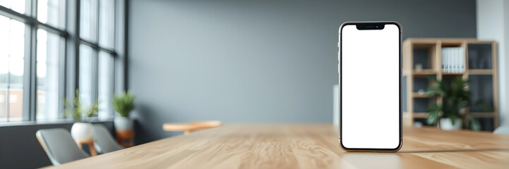 Mockup of a phone screen to fill in. Modern office background for site or mobile app presentation	