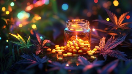Aufkleber - Illuminated Pills in a Jar Amongst Cannabis Leaves