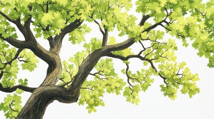 Spring oak tree branch, vibrant leaves, white background, nature illustration, design element