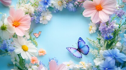 Wall Mural - Beautiful floral composition forming frame with butterflies on blue background