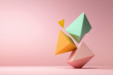 Poster - Colorful geometric shapes balancing on a soft pink background creating an artistic and modern aesthetic composition