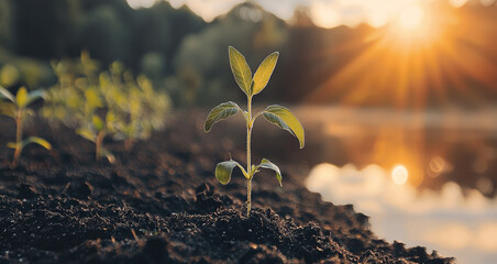 Poster - The seedlings growing in soil, with sunlight and greenery in the blurred background.