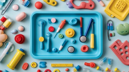 Poster - pediatric medical instruments neatly displayed a colorful tray including small stethoscopes and ther