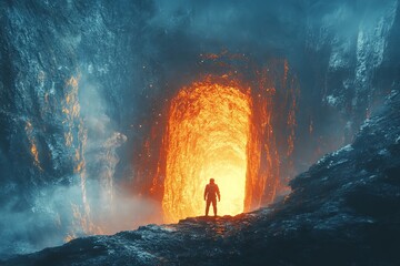 Poster - Fire and ice contrast at a glowing lava entrance within a rocky cave at twilight, depicting an adventurous exploration moment