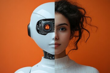Aufkleber - Futuristic representation of human and robot coexistence showcases technological advancement and human emotion