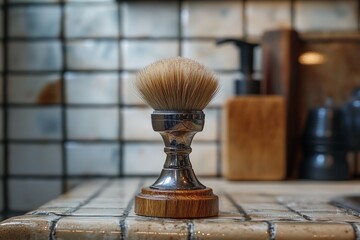 Vintage shaving brush beautifully displayed on a tiled bathroom counter in a modern grooming space