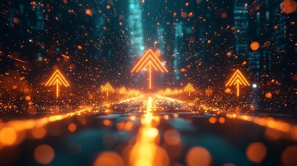 Poster - Glowing arrows ascend through a mesmerizing glow, guiding the viewer's gaze along an ethereal urban backdrop. The atmosphere is charged with a sense of movement and possibility