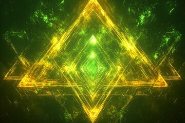 Aufkleber - Intricate geometric patterns illuminated in vibrant green and gold hues create a mesmerizing visual experience