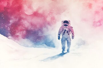 Fototapete - Astronaut walking across a distant moon landscape under a colorful cosmos